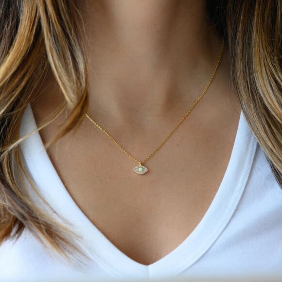 Gold Evil Eye Necklace,14K Gold Plated Dainty Solitaire Minimalist Diamond Evil - Picture 5 of 7